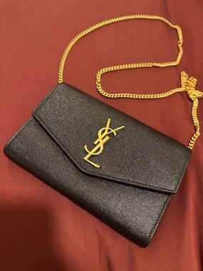 Saint Laurent Black Grain Leather Wallet-on-Chain with Gold Logo, like New